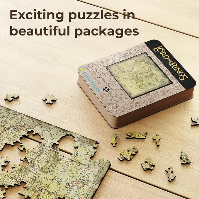 Crafthub Lord of The Rings Wooden Puzzles for Adults – A3 Size with 215 Pieces Wood Puzzles – Middle Earth Map – Jigsaw Puzzles with Unique Shapes – 10.5" x 10.5"
