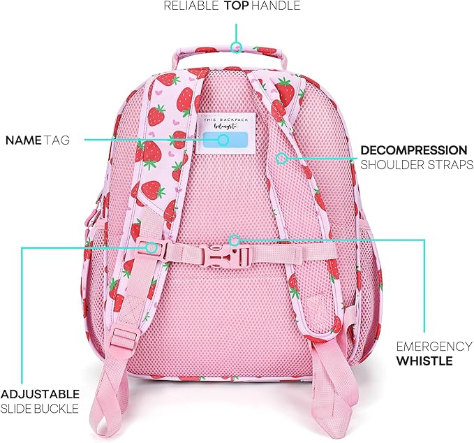 mibasies Girls Backpack 5-8: Lightweight Kids Backpacks for Girls - Girl Bookbag for Elementary School - Strawberry Heart-shaped Pink