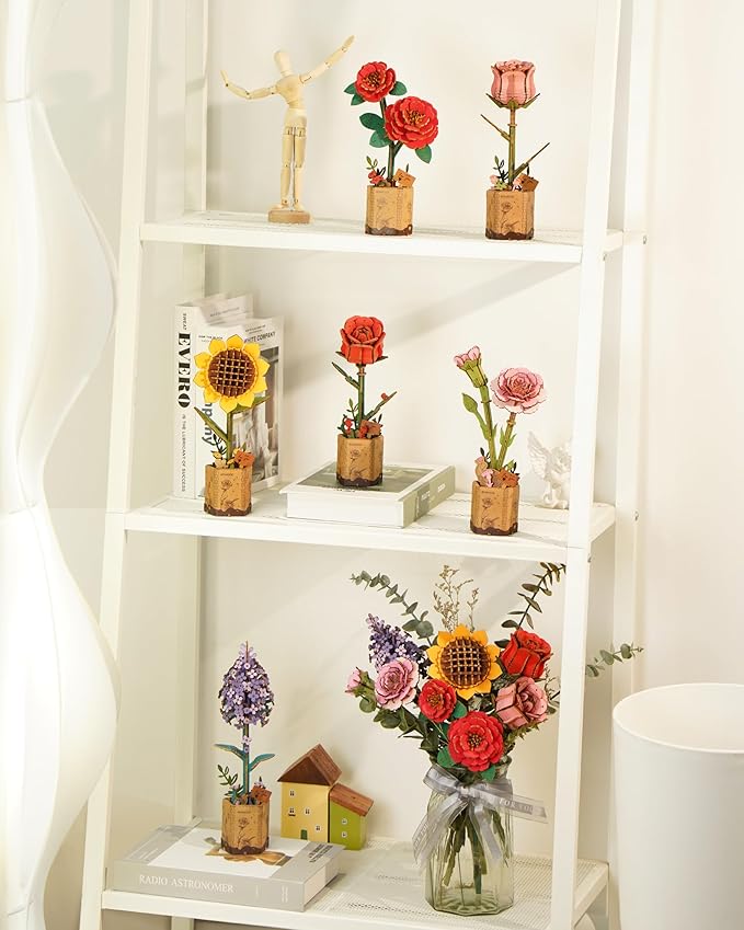 rowood Artifical Flower,DIY Wooden Flower Craft Kit for Kids,Mother's Day/Valentine's Day/Teacher's Day/Thanksgiving Day/Christmas/Birthday Gift for Mom/Women/Grandma/Wife/Her-Red Camellia, TW031