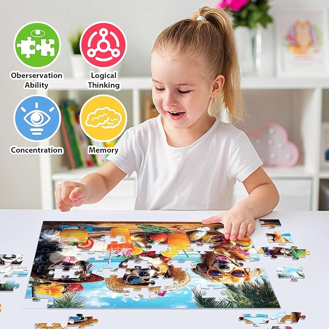 100 Piece Puzzles for Kids Ages 6-8, Dogs Summer Sips Jigsaw Puzzle, Educational Puzzle for Kids & Adults, 100 Piece Puzzles for Adults Large Piece for Seniors 15x11 in