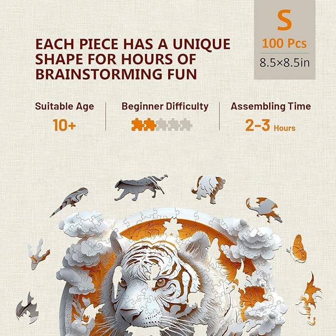 Wooden Puzzles for Adults, 3D Visual Effect Paper Tiger Puzzle, Wood Puzzles Adult, Unique Animal Shape, Paper Sculpture Modern Art Puzzle, Gifts for Friend, Canvas Wall Art (S-8.5 * 8.5in-100 pcs)
