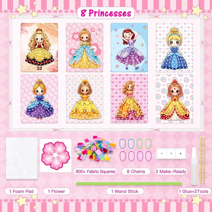 RIEYON Poke Poke Art Kits - Magical Princesses for Kids, 8 Princesses & 1 Flower Arts and Crafts Mess-Free DIY Creative Activity Kits, Birthday Christmas Gifts for Girls & Boys Ages 4 5, 6, 7, 8, 9,10