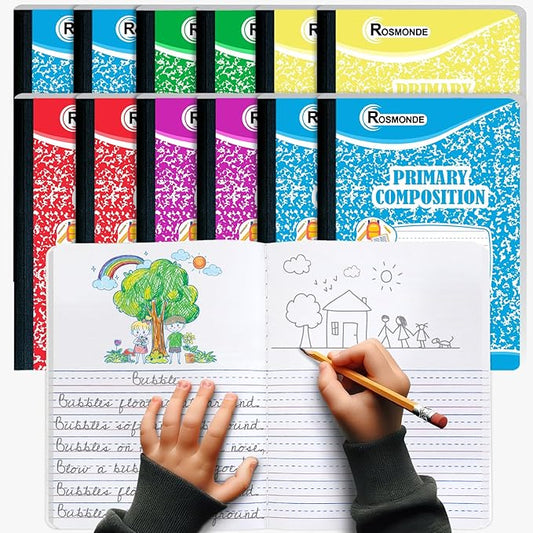 12 Pack Primary Composition Notebook, 200 Pages (100 Sheets), Drawing and Writing Primary Journal For Kids, Grades K-2, With Header For Drawing, Hard Cover, Assorted Marble, Colors May Repeat
