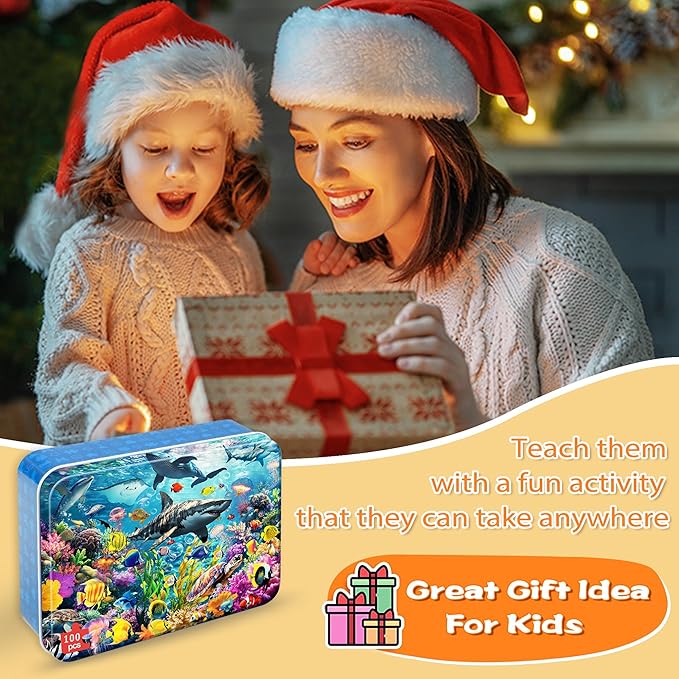LELEMON Puzzles for Kids Ages 4-6,Underwater World 100 Piece Puzzles for Kids in a Metal Box, Educational Jigsaw Puzzles 100 Piece Puzzle Games Puzzle Toys for Girls and Boys