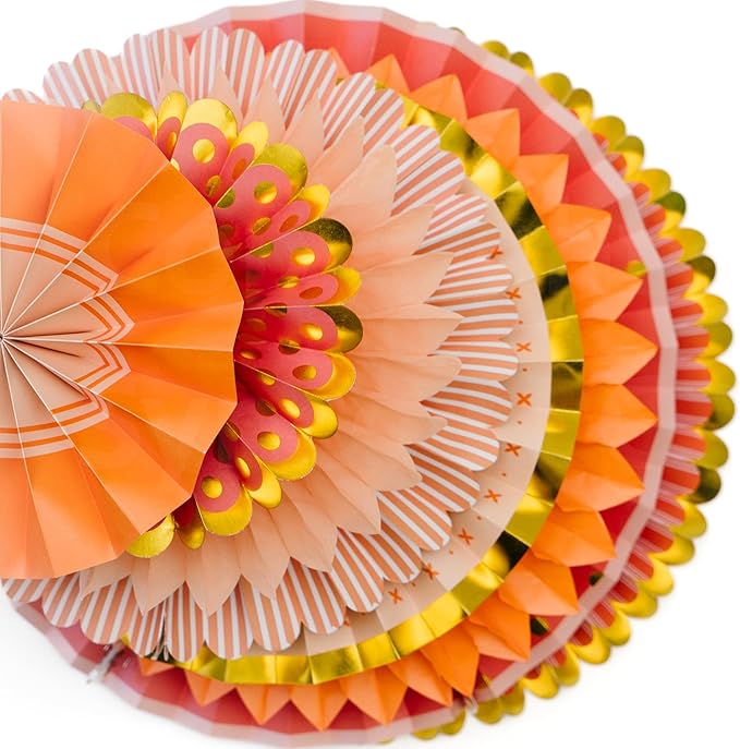 PapaKit Origami Wall Decoration Set (8 Assorted Round Paper Fans) Birthday Party Baby Shower Wedding Events Decor | Creative Art Design Pattern (Bright Orange Bloom with Metallic Gold Accent)