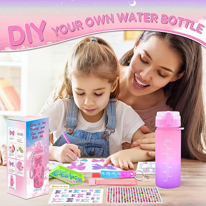 ASIOWELY Decorate Your Own Water Bottle Kits for Girls Age 4-12, Colorful Bow Pattern Diamond Painting Art and Crafts for Boys Age 4-6-8-10, Fun Gifts Toys for School Birthday Christmas
