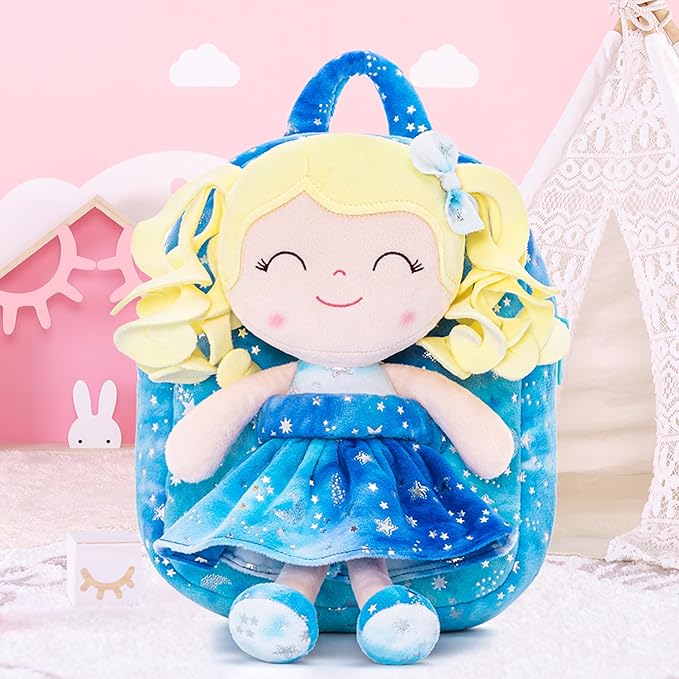 Gloveleya Toddler Backpack Baby Girl Gifts Plush Curly Girl Doll Backpacks Blue Dress with Glitter Stars 9 inches