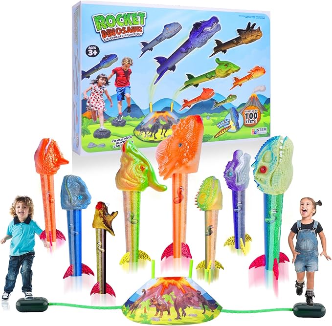 Dinosaur Rocket Launcher for Kids - Launch Up to 100 Ft, 8 Rockets and 2 Pads for Multi-Player, Dinosaur Toys, Birthday Gift Ideas, Toys for 3 4 5 6 7 Year Old Boys, Outdoor Outside Toys