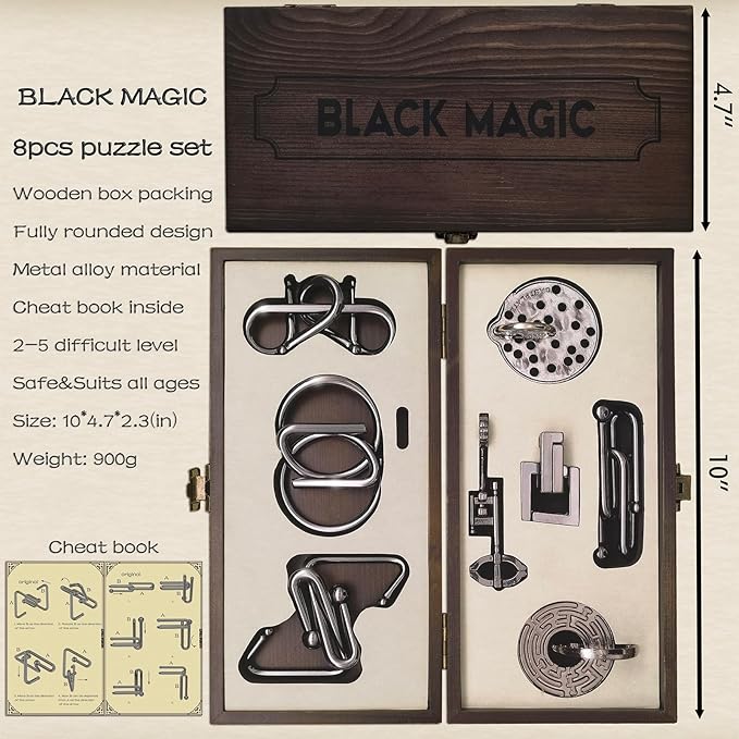 8-Piece 3D Metal Puzzle Box & IQ Test Kit | Brain Challenge w/Wooden Case | Enhance Focus & Hand-Eye Coordination | Sleek Black Geometric Puzzle for Adults & Teens
