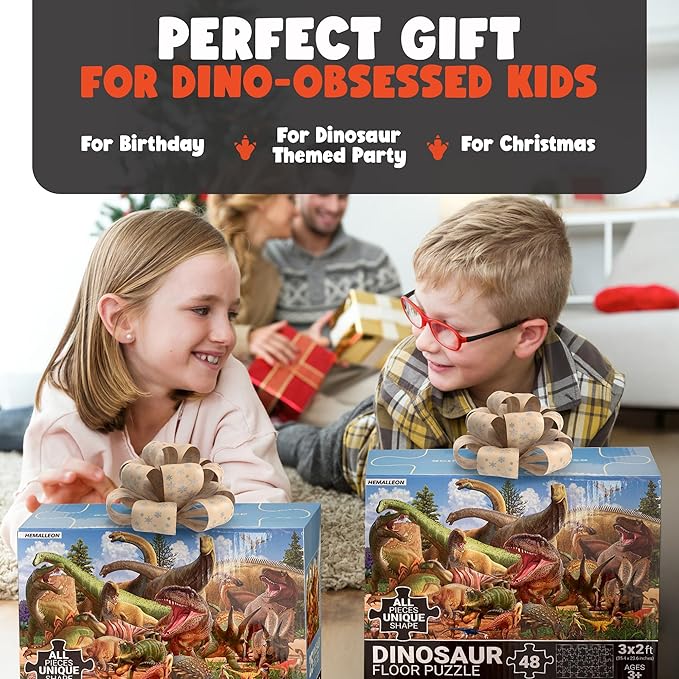 48 Piece Jumbo Dinosaur Floor Puzzle - Large Size (3 x 2 ft) - All Pieces Unique Shape - 25 Realistic Dinos Illustration - Gifts for Boys Girls Toddlers Kids Ages 3-5 2-4 4-6 Year Old
