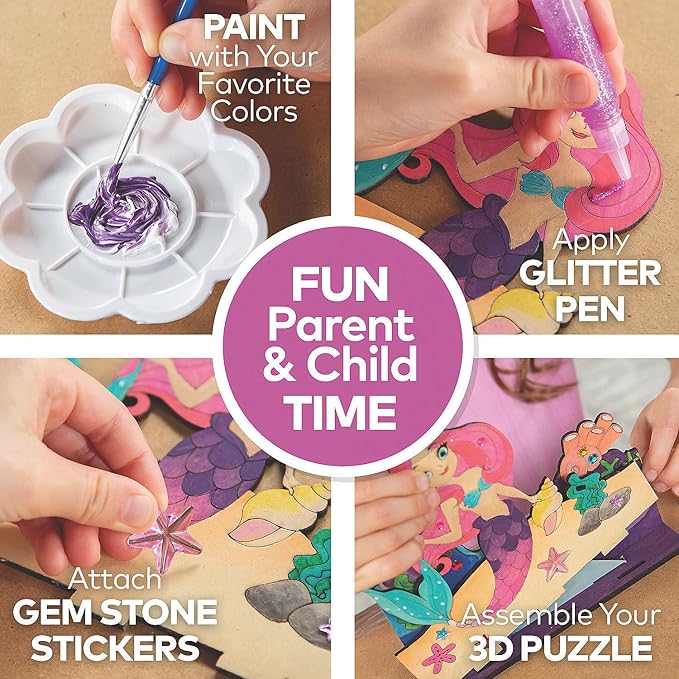Fun Express 3D DIY Mermaid Wood Puzzle Painting Kit, All in One Kids Craft Kit, Holiday, Birthday and Everyday Gifts, Great Creative Activity for Home and School
