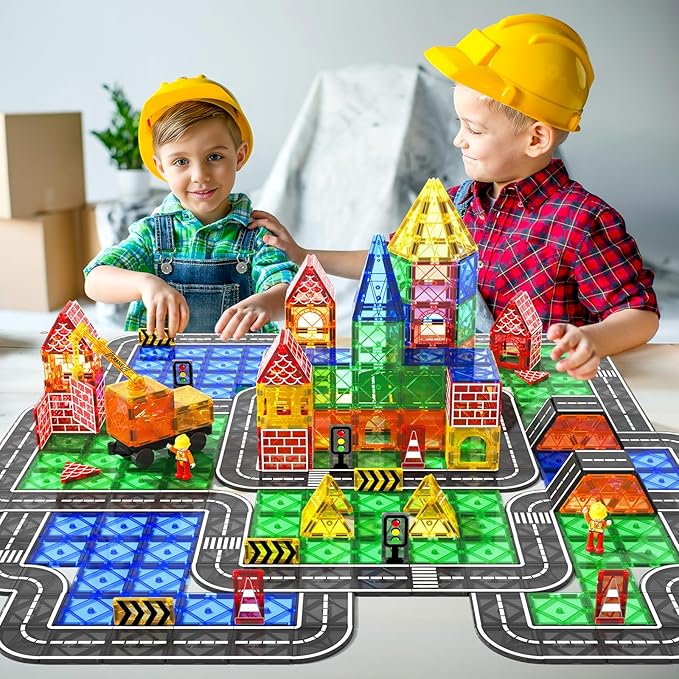 Magnetic Tiles Road Set with Magnet Crane Car, Construction Toys for Kids Ages 3-5 4-8 5-7, Creative Magnetic Building Blocks Toddler Toys, Gifts for 3+ Year Old Boys & Girls