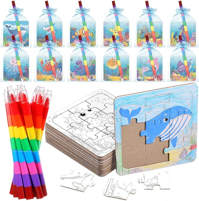 12 Sets Sea Animal Puzzles Summer Color Your Own Puzzles DIY Ocean Jigsaw Crafts with 12 Stackable Crayons and 12 Bags for Ocean Theme Gifts Birthday Party Supplies(12, Sea)