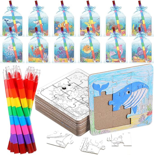 12 Sets Sea Animal Puzzles Summer Color Your Own Puzzles DIY Ocean Jigsaw Crafts with 12 Stackable Crayons and 12 Bags for Ocean Theme Gifts Birthday Party Supplies(12, Sea)