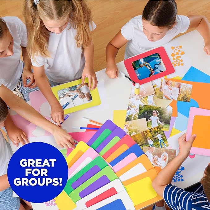 Horizon Group USA DIY Foam Picture Frame Craft Kit, 12-Pack of 4x6-Inch Colorful Picture Frames with 500+ Punch Out Stickers & Easels, Back to School Arts & Craft Activity, Perfect for Projects