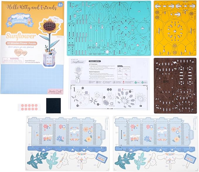 Hands Craft Hello Kitty and Friends Cinnamoroll Sunflower 3D Wooden Puzzle Kit | DIY Flower Model | Arts & Crafts | Creative Hobby Kits | Cinnamoroll Character | Wood Building Set