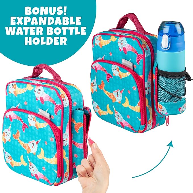 Kids Insulated Lunch Box w Snack Pocket & Expandable Water Bottle Holder For Girls- Waterproof Lunchbox Tote Keeps Food Hotter or Colder Longer - Reusable Back to School Bag Fits Most Bento Containers