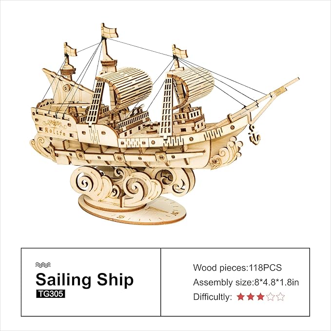 Rolife 3D Wooden Puzzles Model Kit for Adults to Build, Wooden Model Ship Series Sailing Ship Building Model Kit, DIY Crafts Hobbies/Collections/Decorations/Gifts for Friends and Family (Sailing Ship)