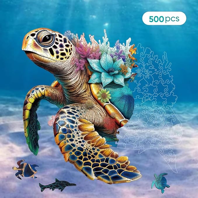 Wooden Puzzles for Adults, Coral Sea Turtle Jigsaw Puzzles 500 Piece, Unique Shape Puzzles for Adults and Kids, Fun Challenging Puzzles Family Game Gift, Royal Size 16.7 x 16.3 Inches