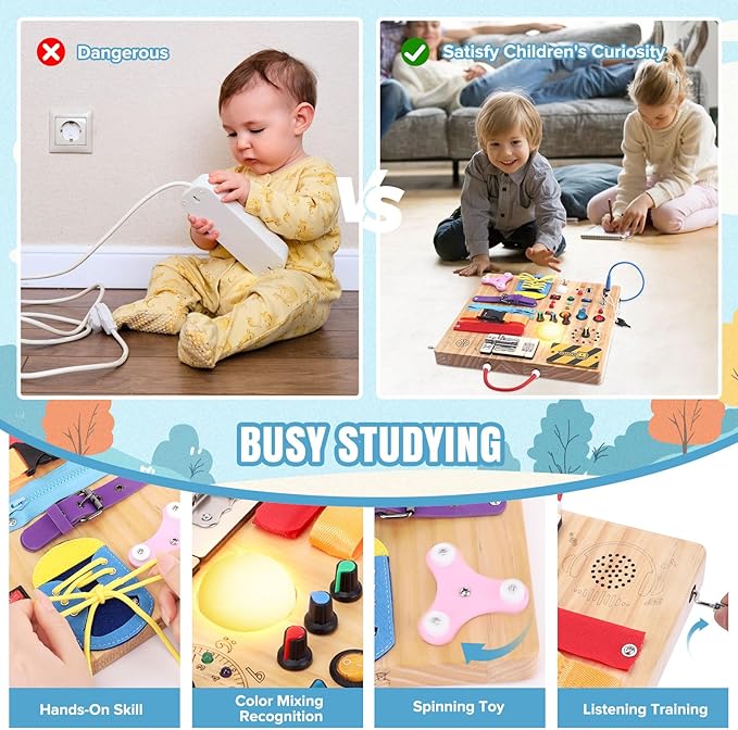 23 in 1 Busy Board Montessori Toys for 1-3 Year Old Wooden Learning Educational Toy for Toddlers with 15 Switches, 26 LED Lights, Music Boxes, Locks,Zippers Toddler Sensory Toys for Soothing A Baby