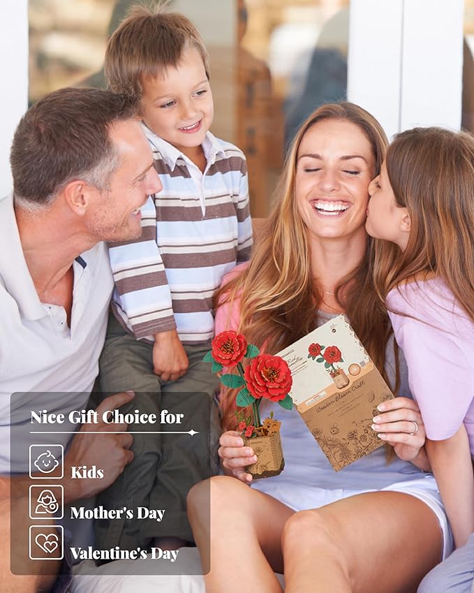 rowood Artifical Flower,DIY Wooden Flower Craft Kit for Kids,Mother's Day/Valentine's Day/Teacher's Day/Thanksgiving Day/Christmas/Birthday Gift for Mom/Women/Grandma/Wife/Her-Red Camellia, TW031