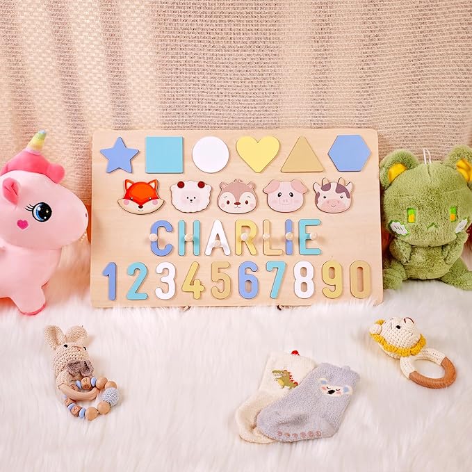 Personalized Baby Name Puzzle | Custom Wooden Baby Toy for Toddlers 1-3 | Montessori Learning Toys for Boys & Girls | Perfect Kids Gift for First Birthdays & Christmas (Plus)