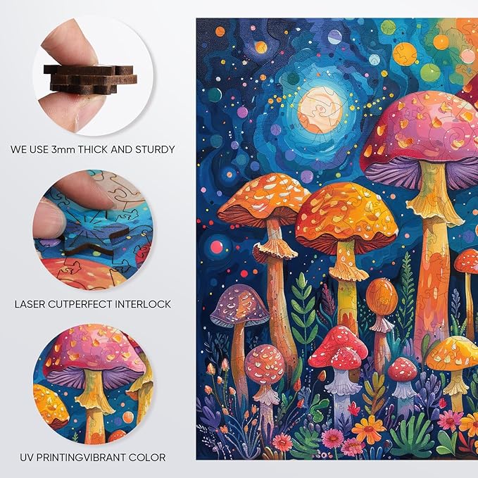 Wooden Puzzles for Adults, 200 Pieces Mushroom Wooden Jigsaw Puzzles, 11.2 inch Family Reunion Puzzle for Adult and Kids, Exquisite Packaging, Best Women's Day Gifts for Mothers Family Friends