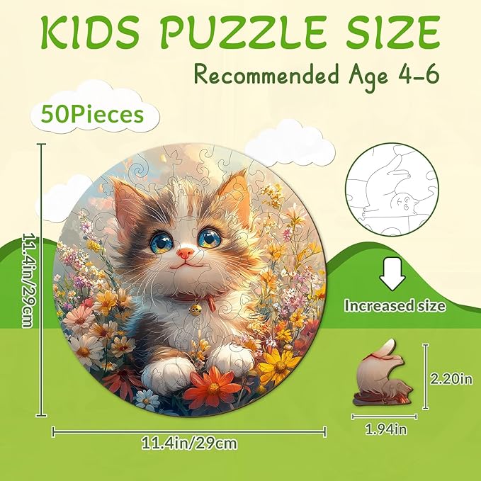 Wooden Puzzles for Kids Ages 4-6, Lovely Cat 50 Pieces Kids Puzzle, Children Birthday Easter Puzzle Gift Idea, Educational Puzzles Toys for Boys and Girls (11.4 * 11.4in)