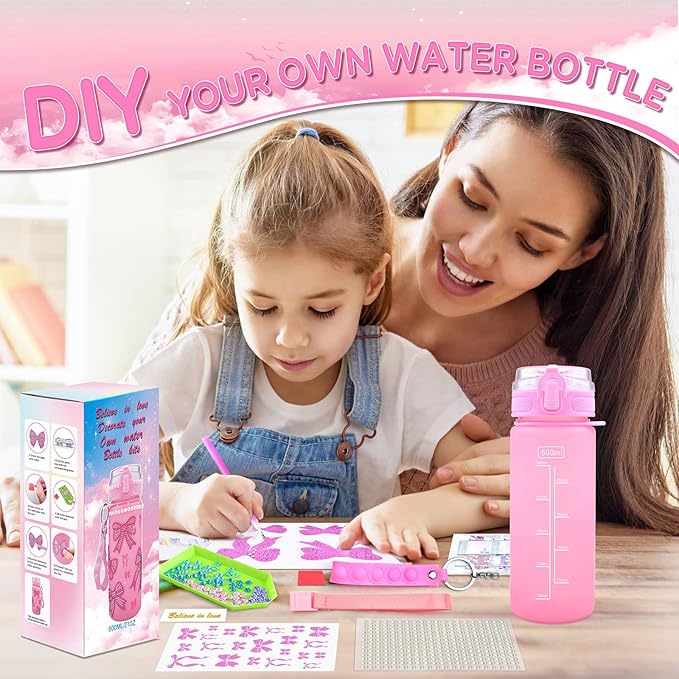 ASIOWELY Decorate Your Own Water Bottle Kits for Girls Age 4-6-8-10, Pink Bow Pattern Diamond Painting Art and Crafts for Boys Age 4-12, Fun Gifts Toys for Kids School Birthday Christmas