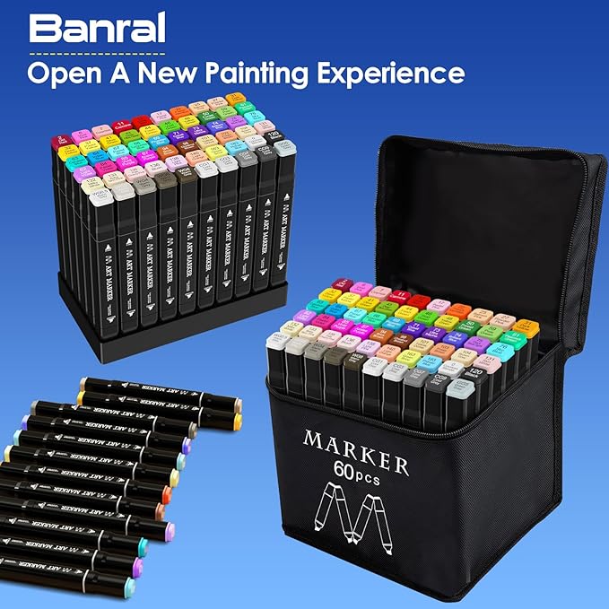 Banral 60 Colors Alcohol Markers Set, Dual Tip Alcohol Based Art Marker for Artists Kids Adult Coloring, Permanent Illustration Sketch Pens for Drawing with Case and Holders