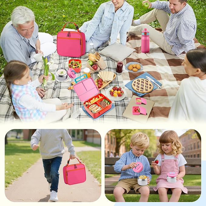 MAISON HUIS Kids Bento Box Set - Includes 8oz Soup Thermo, Insulated Lunch Bag & 17oz Stainless Steel Water Bottle, 5-Compartment Bento Box with Built-In Ice Pack, Leak-Proof & BPA-Free(Pink)
