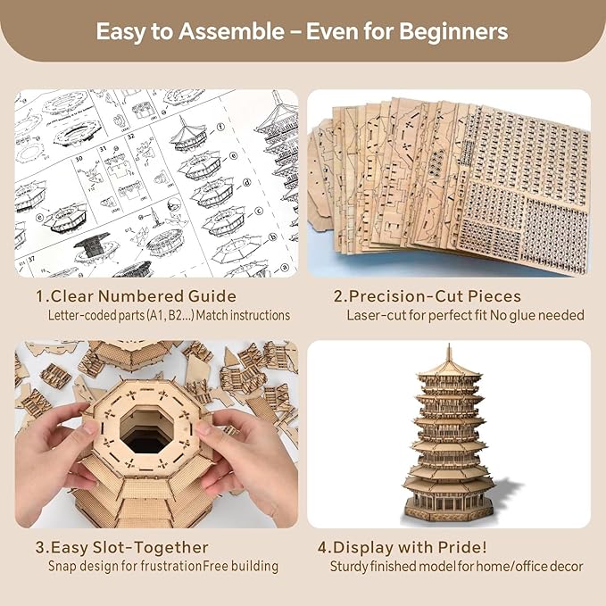 3D Wooden Puzzles for Adults - Wooden Pagoda 3D Puzzle, Creative Crafts for Adults, Birthday Christmas Party Favors, Home Decor Gift - Six-Storied Pagoda with LED Light (1287pcs)