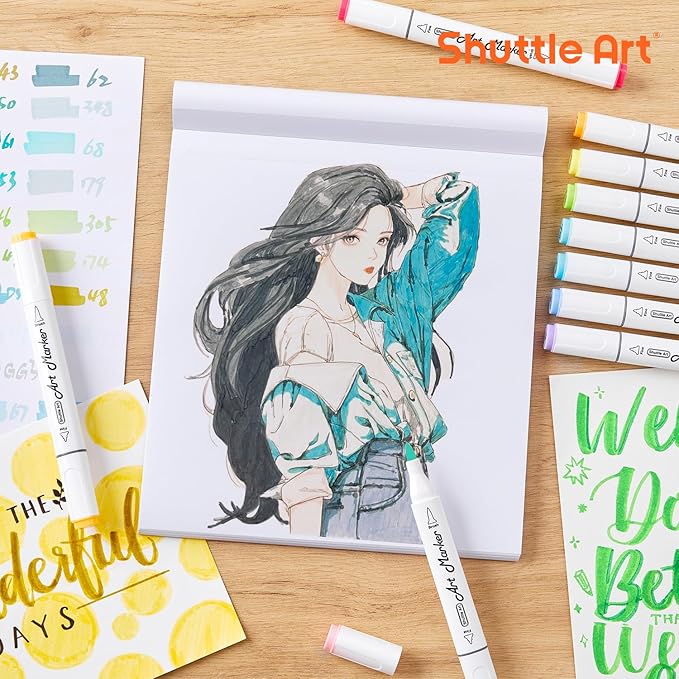 Shuttle Art Marker Pad, 8.3”x7.67” Portable Square Sketchbook, 50 Sheets Marker Drawing Paper, 98LB/160GSM Smooth Surface Bleedproof Art Paper, Glue-Bound, Great for Beginners to Draw, Paint & Sketch