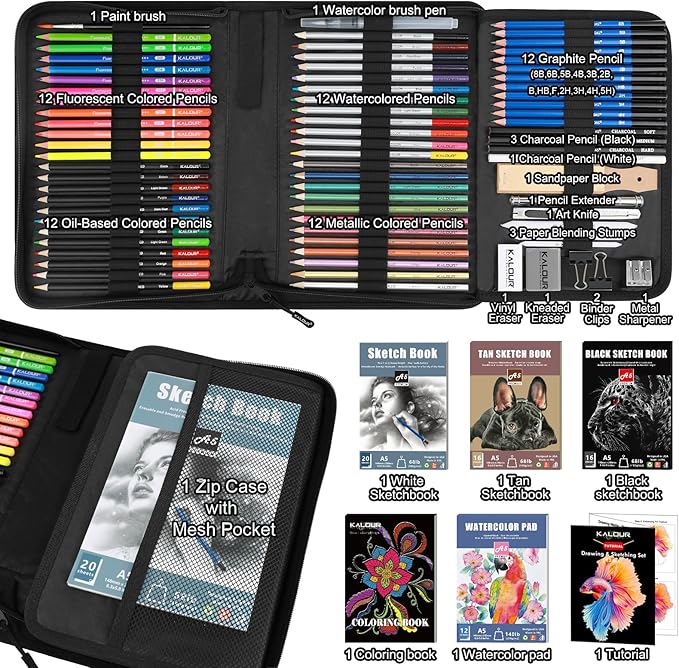 KALOUR PDAS 82 Drawing Set Sketching Kit, Art Set with Fluorescent, Colored, Watercolor, Metallic, Graphite, Charcoal Pencils, 5 Sketchbook and Coloring Book, Gift for Artists Adults Teens Beginner