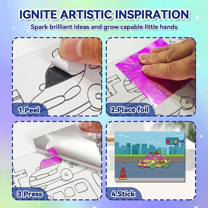 ATFUNSHOP Magical Foil Art Space Dinosaur Traffic Construction & Airplane - No Mess Foil Craft Kit for Kids Ages 4 5 6 7 8 9 Fun Creative DIY Activity, Ideal Birthday Gift for Boy