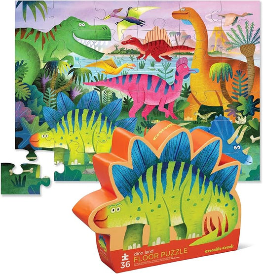 Crocodile Creek 36-Piece Jigsaw Floor Puzzle - Fun Floor Puzzles for Kids Ages 3-5 - Heavy-Duty Shaped Box for Storage - Dino Land - 27" W x 20" H Finished