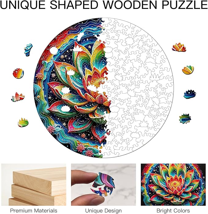 Wooden Puzzle for Adults โ Unique Lotus-Shaped, Flower Design Brain Teaser for Kid & Teen, 210 Pieces, 10"x10", Ships as Whole Puzzle Board (No Loose Pieces), Gift-Ready Box, Fun Family Game,