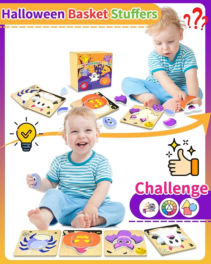 Halloween Wooden Puzzles for Toddlers, 4 Pack Halloween Toys Party Favors Treats, Montessori Toys Birthday Gifts for Kids Boys Girls