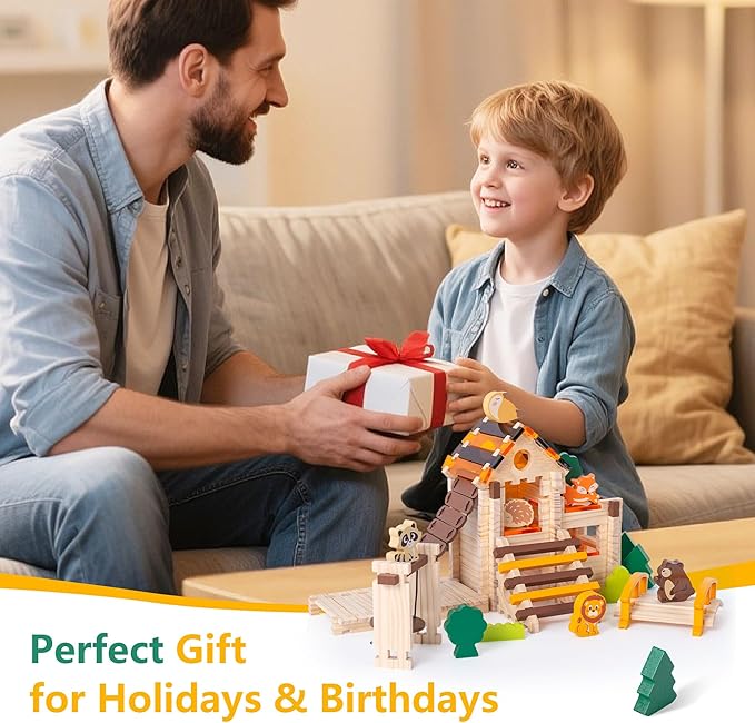 Wooden Building Blocks Wooden Building Blocks Construction Set Preschool Learning Montessori Toys Construction City Stacking Toys for Kids Ages 3-8 Birthday Gift (Log Color)