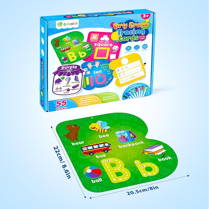 D-FantiX 55 Pcs Dry Erase Number & Alphabet Flash Cards for Toddlers, Double Sided Write and Wipe Educational Preschool Flashcards, Number Colors Shapes Letters Tracing Handwriting Practice for Kids