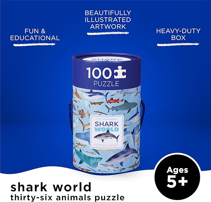Crocodile Creek 100-Piece Jigsaw Puzzle for Kids Ages 5 and Up - Fun and Educational Table or Floor Puzzles - Storage Canister with Handle - Sharks - 14” x 19” Finished