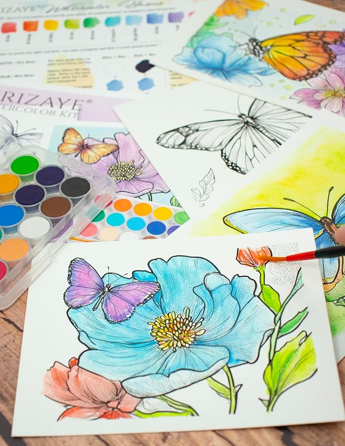 Flutterby Watercolor Kit – 4 Butterfly Pre-Printed Painting Projects for Artists, Beginners, or Groups - Includes 140lb Paper, Paint, Brush & Guide – Perfect for Travel or Home DIY Art