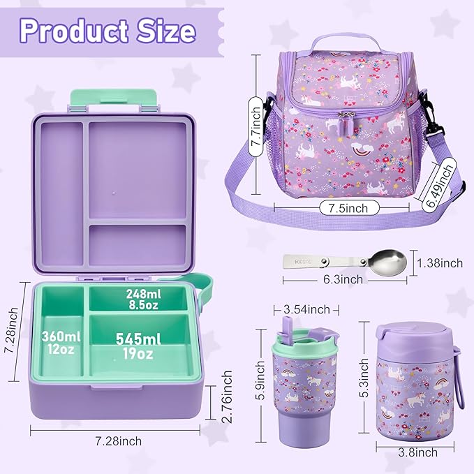 Bento Lunch Box for Kids with 17oz Soup Thermo,Insulated Tumbler Water Bottle and Insulated Lunch Bag,Leak-Proof 3 Compartment Lunch Food Container with with Ice Pack for Kids to School-Horse