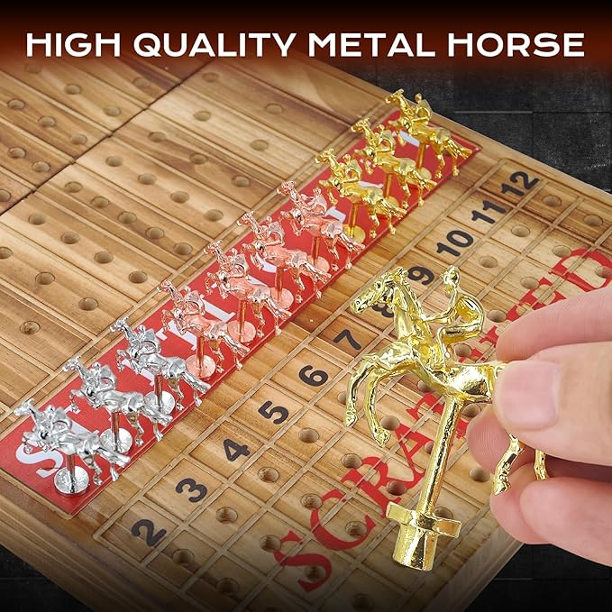 MerryPony 21 Inches Large Horse Racing Game with 11 Metal Horses, Foldable Solid Wood Horse Race Board Game with 100 Pcs Poker Chips 2 Dice and 2 Pack of Cards for Family Friends Camping Party