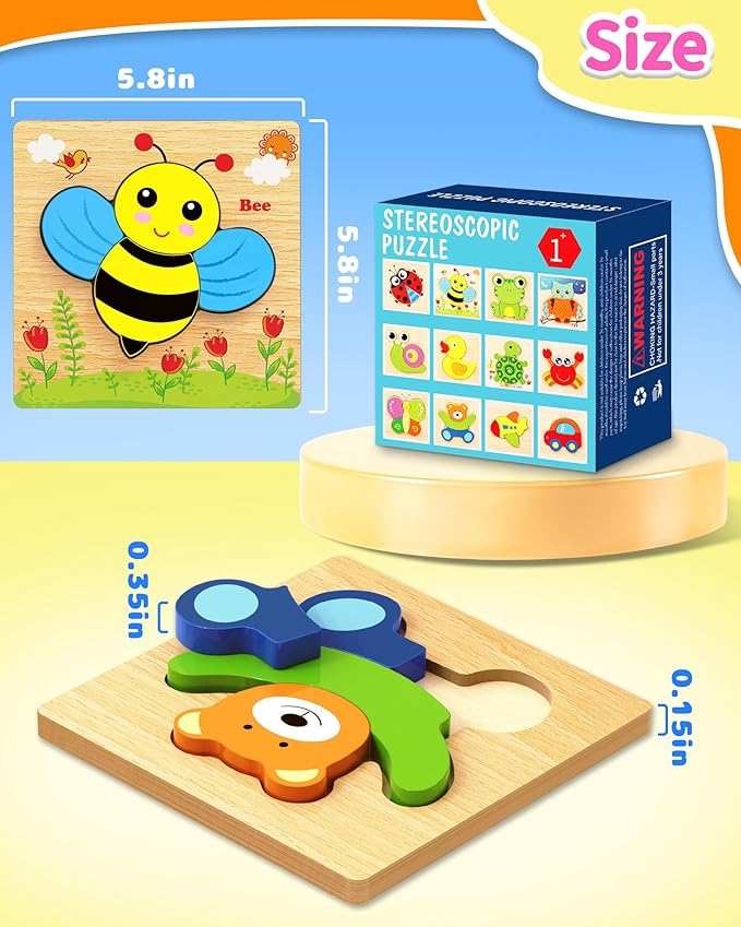 Bekayshad Wooden Puzzles Toddler Toys Gifts for 1 2 3 Year Old Girls Boys, 12 Pack Animal Jigsaw Puzzles Montessori Toys, Learning Educational Birthday Gifts for Girls Boys Ages 1-3