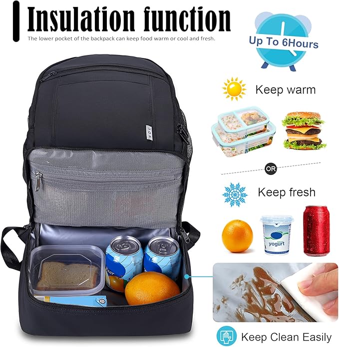 NOL Natural Organic Lifestyle Kids 2-in-1 Backpack & Insulated Lunch Bag-16 Multi-Functional Large Compartments Backpack for School & Travel, Double Deck, Water Resistant, Leak-proof, Padded (Black)