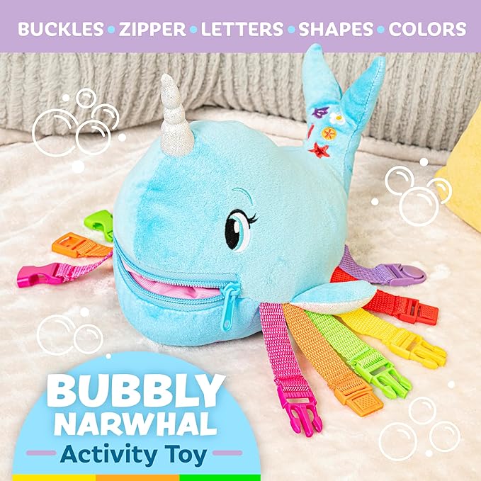 Buckle Toys - Bubbly Narwhal - Develop Fine Motor Skills - Sensory Learning Activity Toys - Toddler Plane Travel Essential