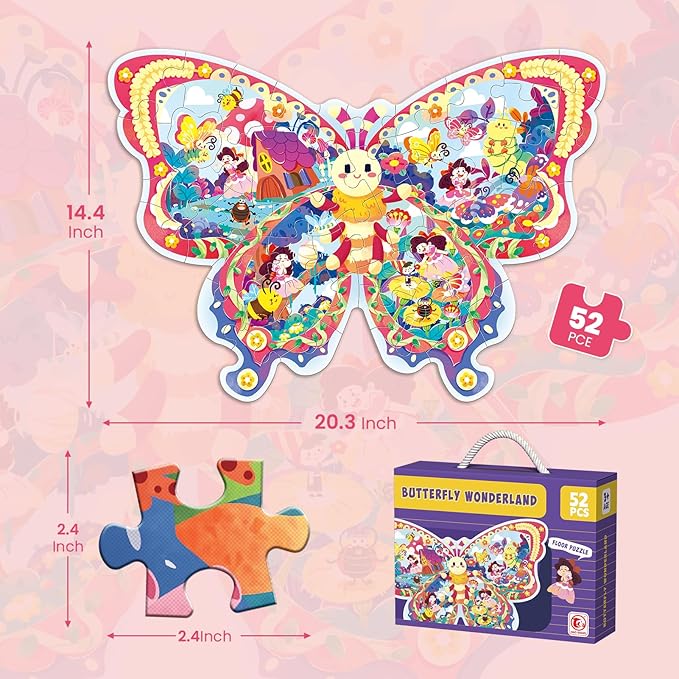 ELX 52 Piece Butterfly Jigsaw Puzzle for Kids 3+, Large Floor Puzzle for Preschool Learning with Storage Bag, Educational Toy Gift Birthday and Christmas for Boys Girls