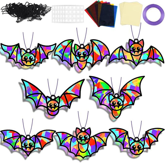 QOUBAI 32 Sets Halloween Bats Suncatchers Craft Kit DIY Window Stained Glass Effect Halloween Bats Paper Crafts Home School Classroom Decoration Kid Birthday Gift Creative Art Project Activity Game