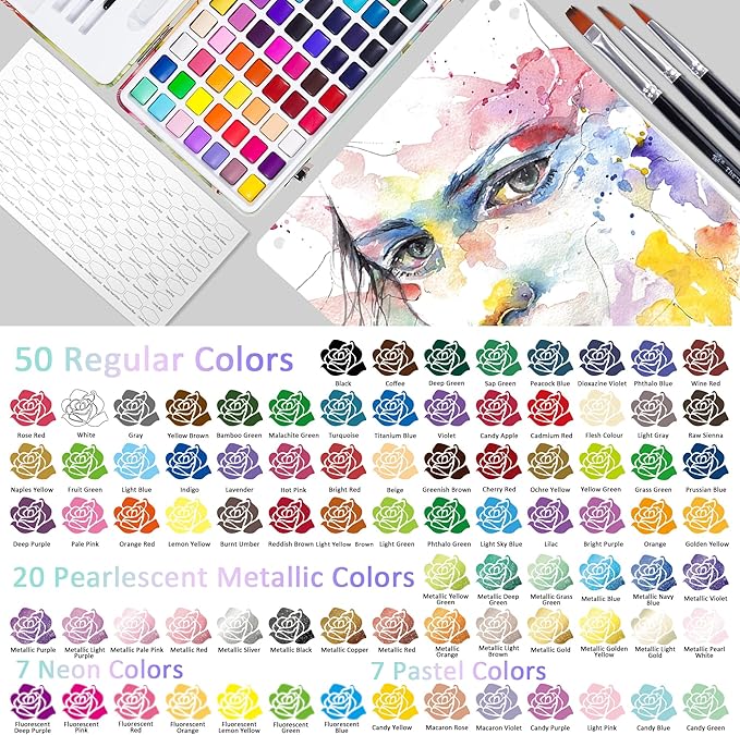 TBC The Best Crafts 84 Colors Watercolor Paint Set For Kids, Students and Artists, Amateur,Beginner.Set includes Coloring Sheets, Black Dual Tip Acrylic Paint Markers, Storage Bag